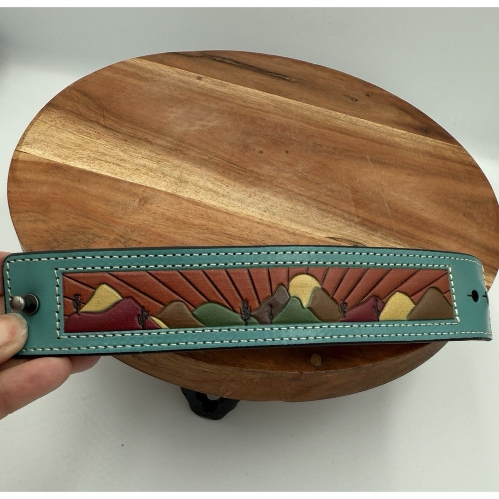 Justin Tooled Leather Cuff Bracelet Western Mountain Sunset Design Adjustable
